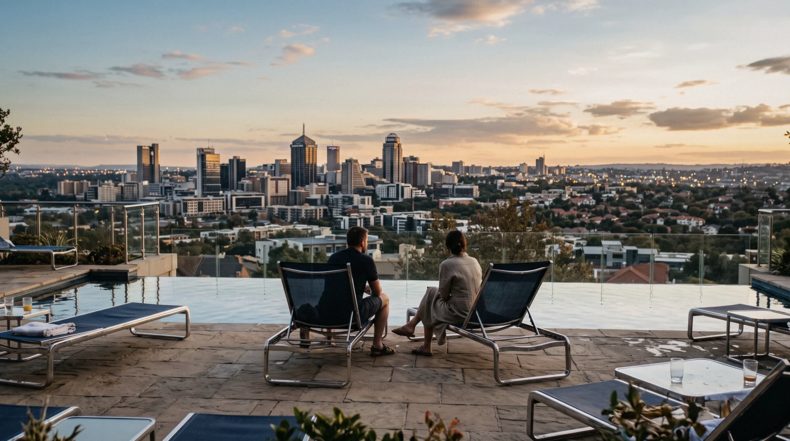 Sandton hotel pool deck at dusk with the Johannesburg skyline behind