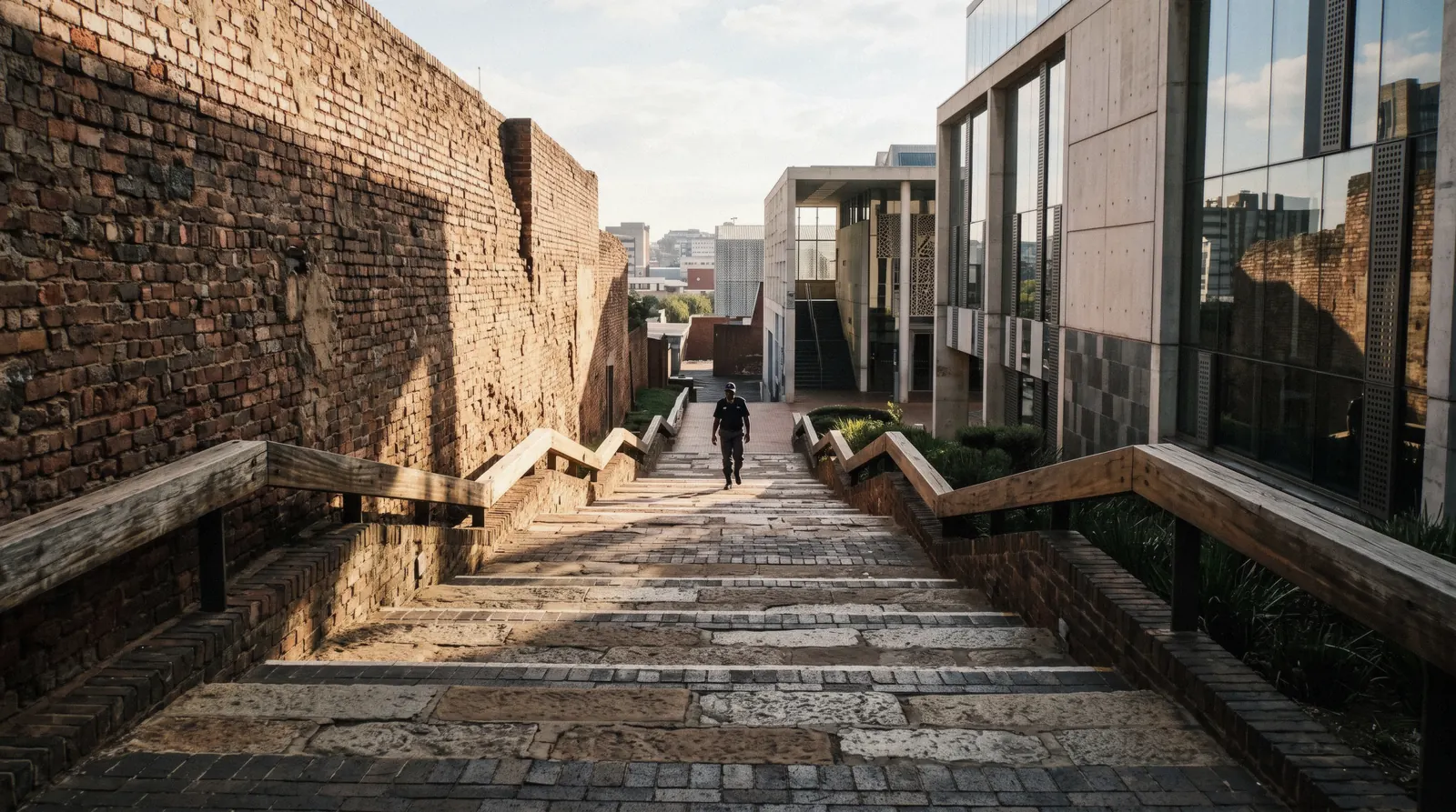 The Great African Steps on Constitution Hill in morning light, the old brick fort wall on one side and the Constitutional Court building on the other, Johannesburg