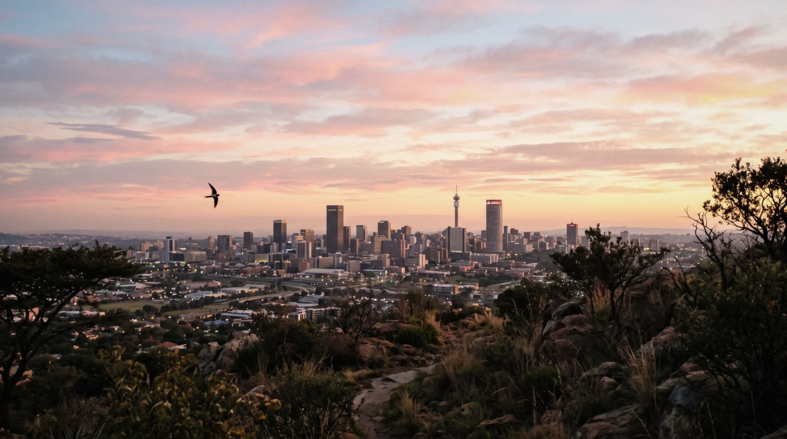 Johannesburg's northern skyline at altitude under a highveld sky, the city this trip-planning hub routes