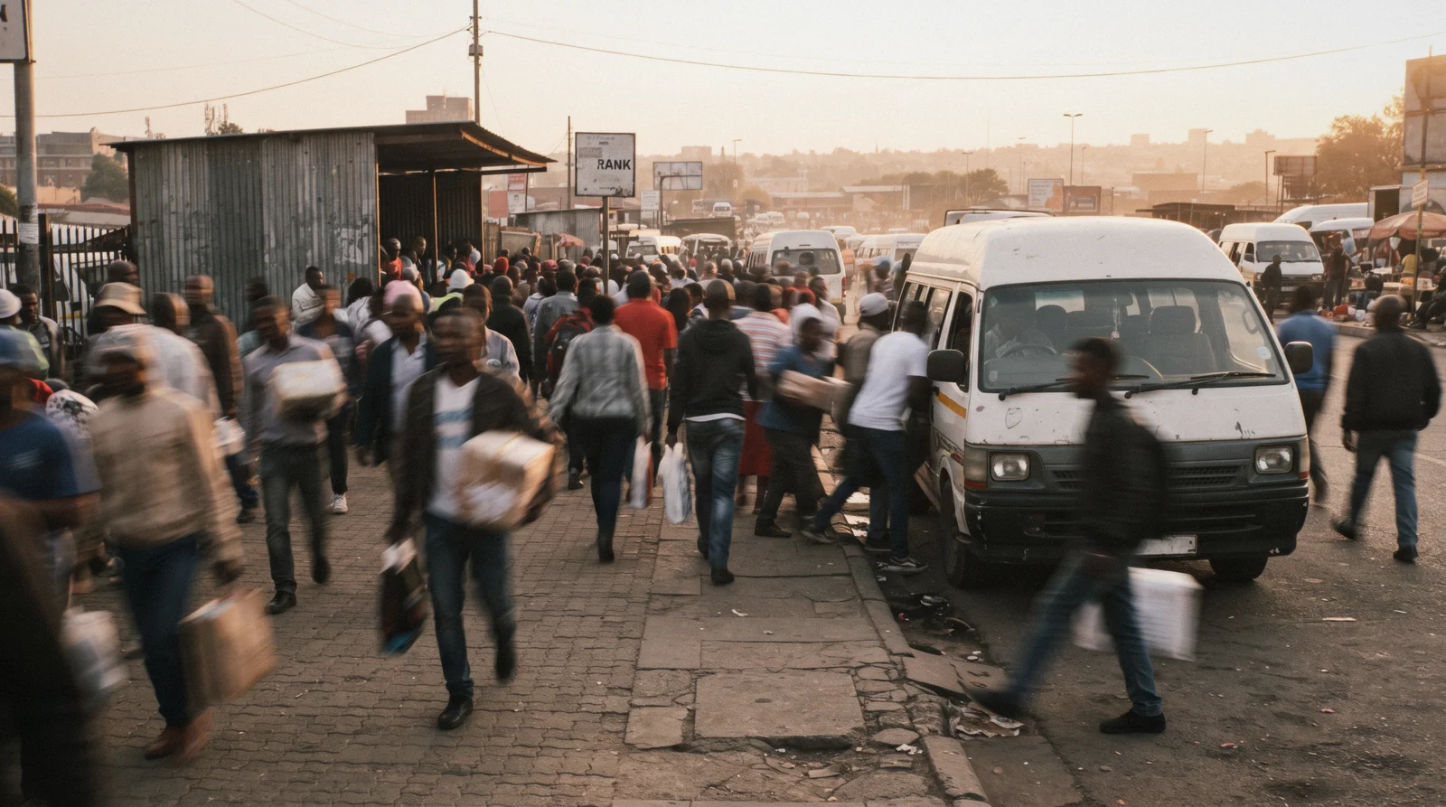 Commuters in motion blur at a Johannesburg taxi rank in warm late-afternoon light, one minibus taxi at the kerb