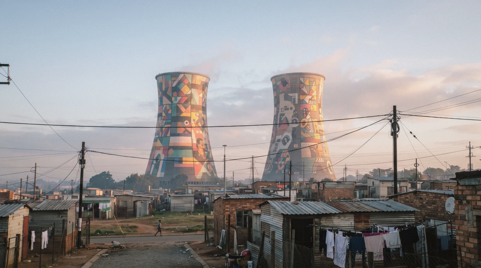 Orlando Towers above Soweto rooftops in Johannesburg