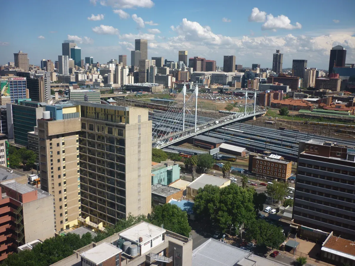 The Johannesburg CBD skyline of towers seen from the east at midday
